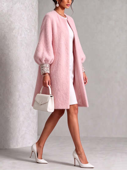 🤲Letzter Tag: 49 % sparen! ⏰Kuscheliger, rosa Wollmantel mit glänzenden Bündchen und offener Vorderseite – Gratis Handtasche!
