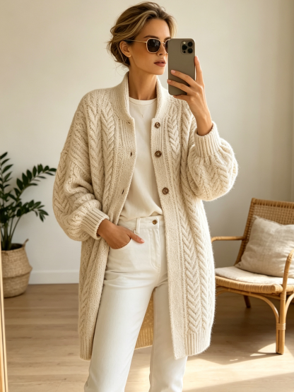Schicker, gemütlicher Oversize-Cardigan aus einer Wollmischung mit Zopfmuster