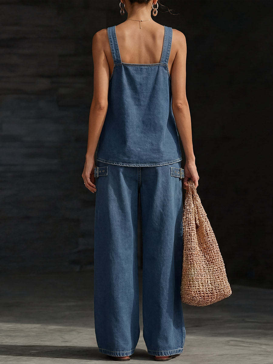 Women's Casual Denim Set: Square-neck Sleeveless Loose-fit Top & High-waisted Wide-leg Pants