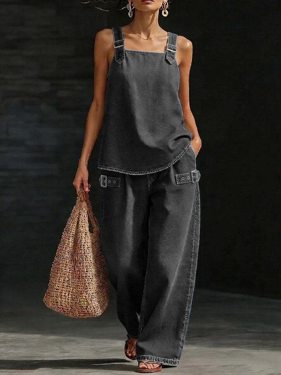 Women's Casual Denim Set: Square-neck Sleeveless Loose-fit Top & High-waisted Wide-leg Pants