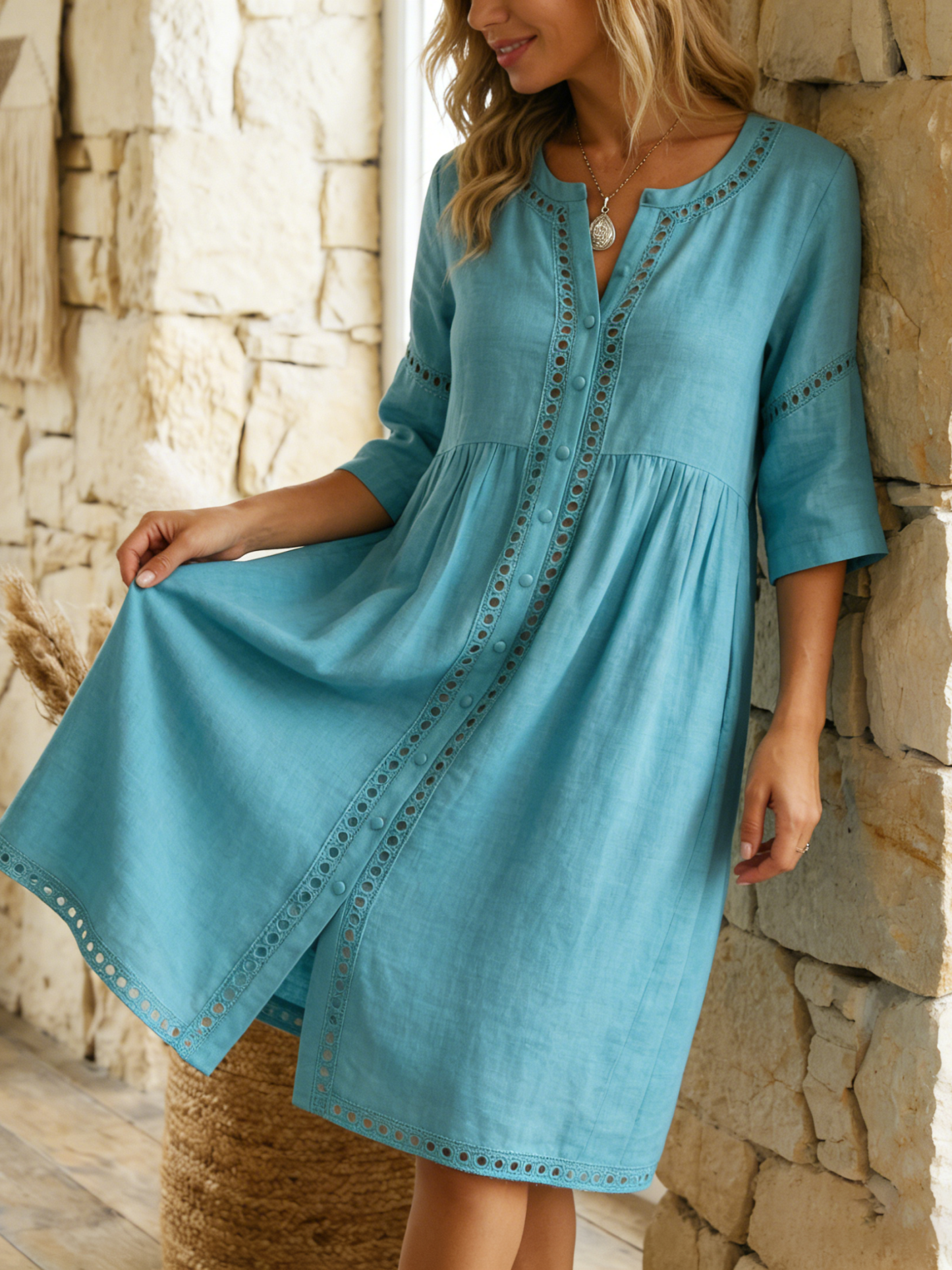 Casual & Cozy Lace-paneled Cotton-linen Dress