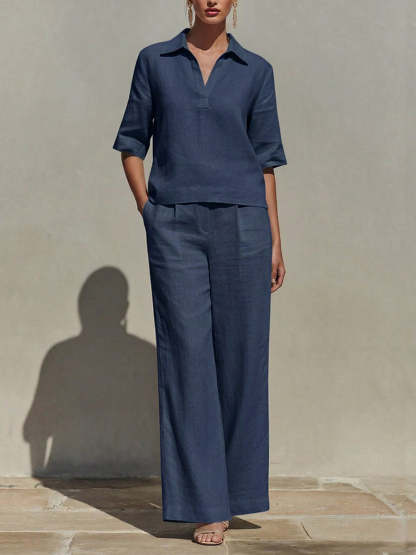 Women's Solid-color Cotton & Linen Set: V-neck Short-sleeve Loose-fit Top And High-waisted Wide-leg Pants