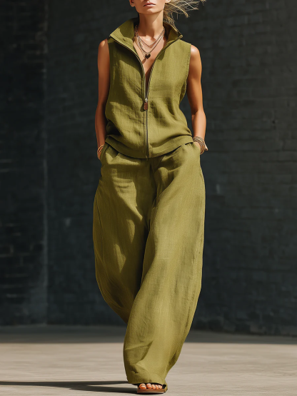 Stylish Stand-up Collar Zipper Linen Cotton Two-piece Set
