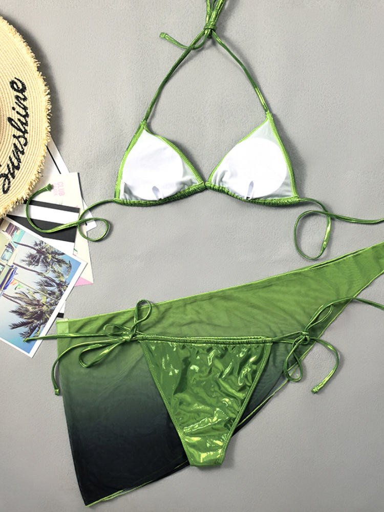 Metallic Green Triangle Bikini with Ombre Mesh Sarong Cover-Up