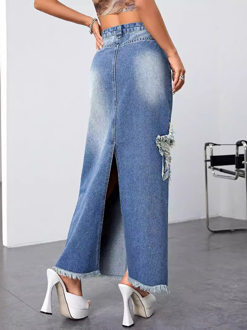 Fashion Raw Hem Washed Star Denim Skirt