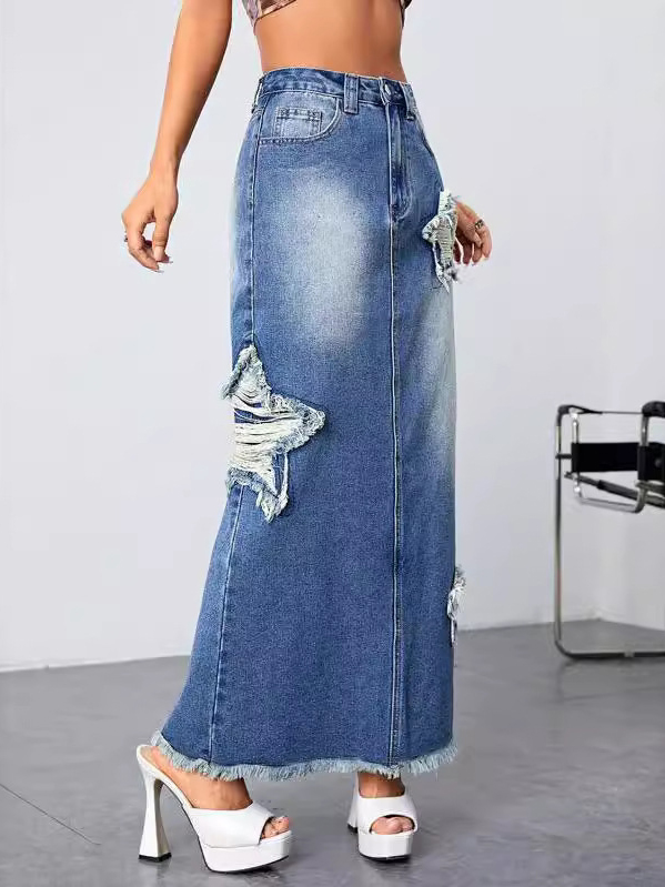 Fashion Raw Hem Washed Star Denim Skirt