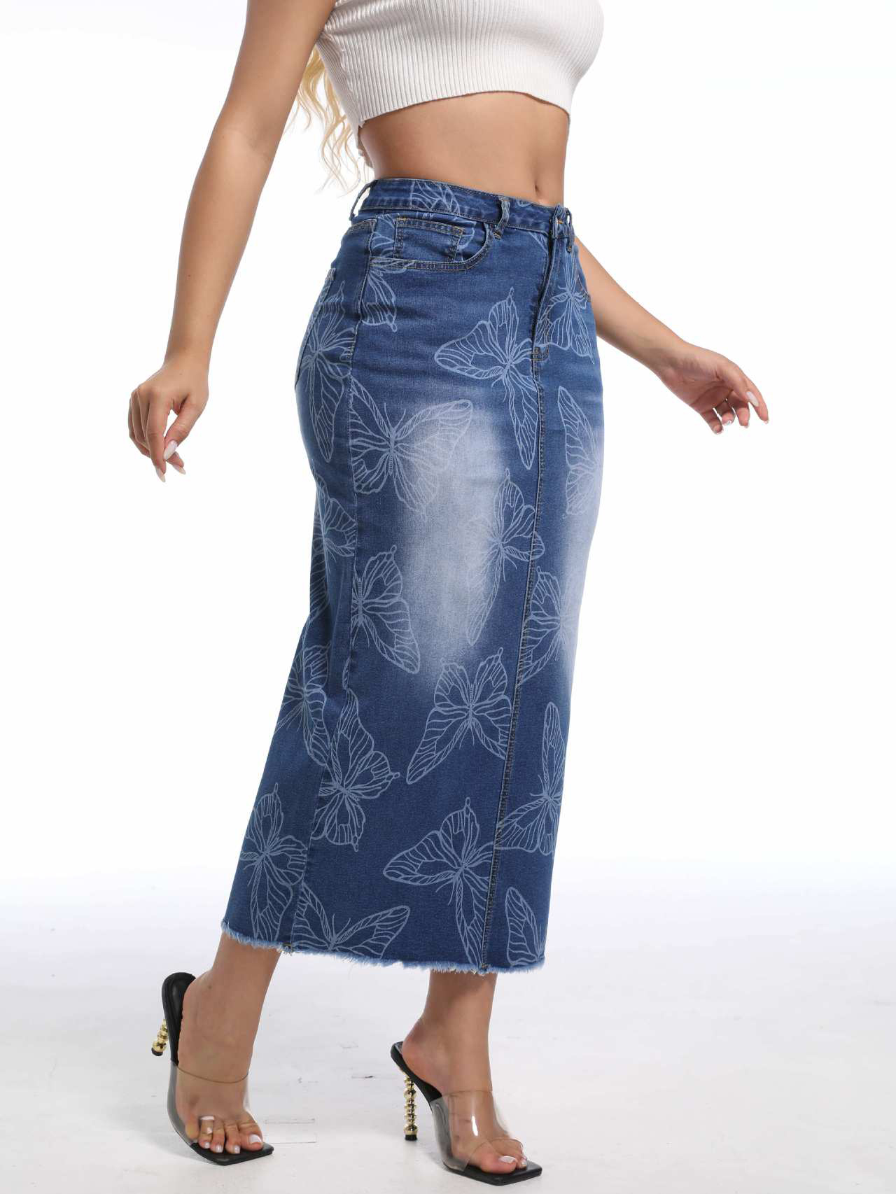 Fashion Bodycon Butterfly Print Denim Skirt