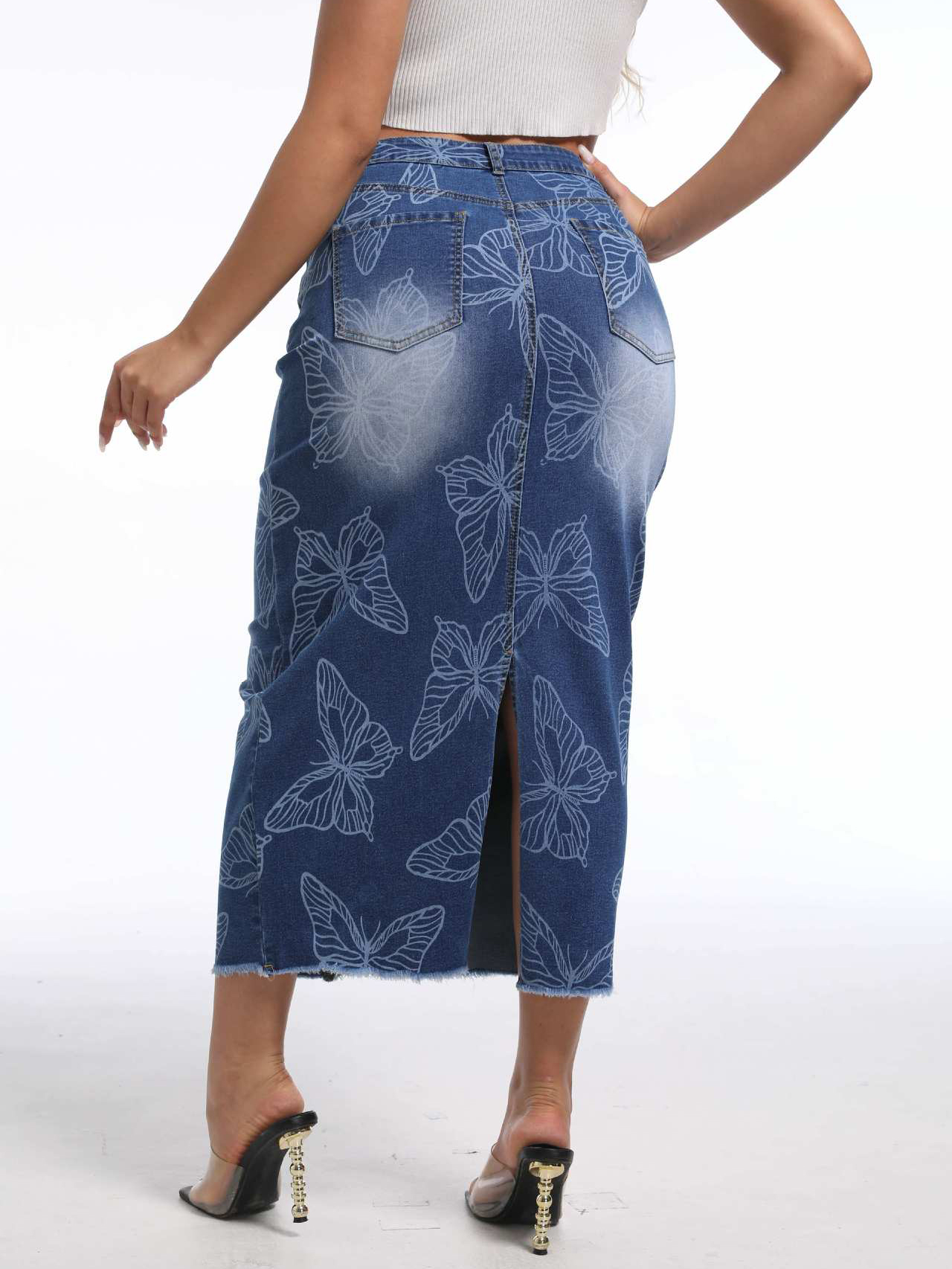 Fashion Bodycon Butterfly Print Denim Skirt