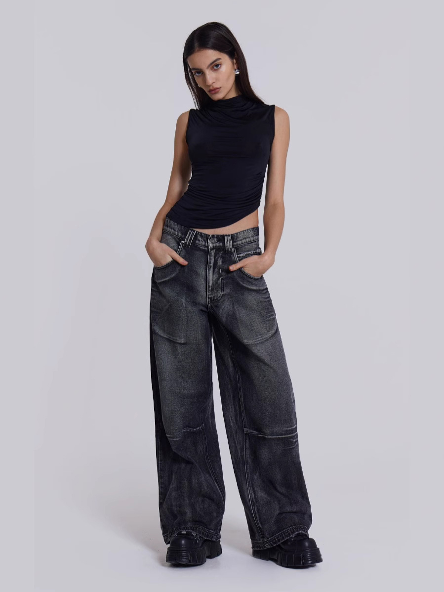 Vintage Distressed Ombre Wing Print Wide Leg Jeans