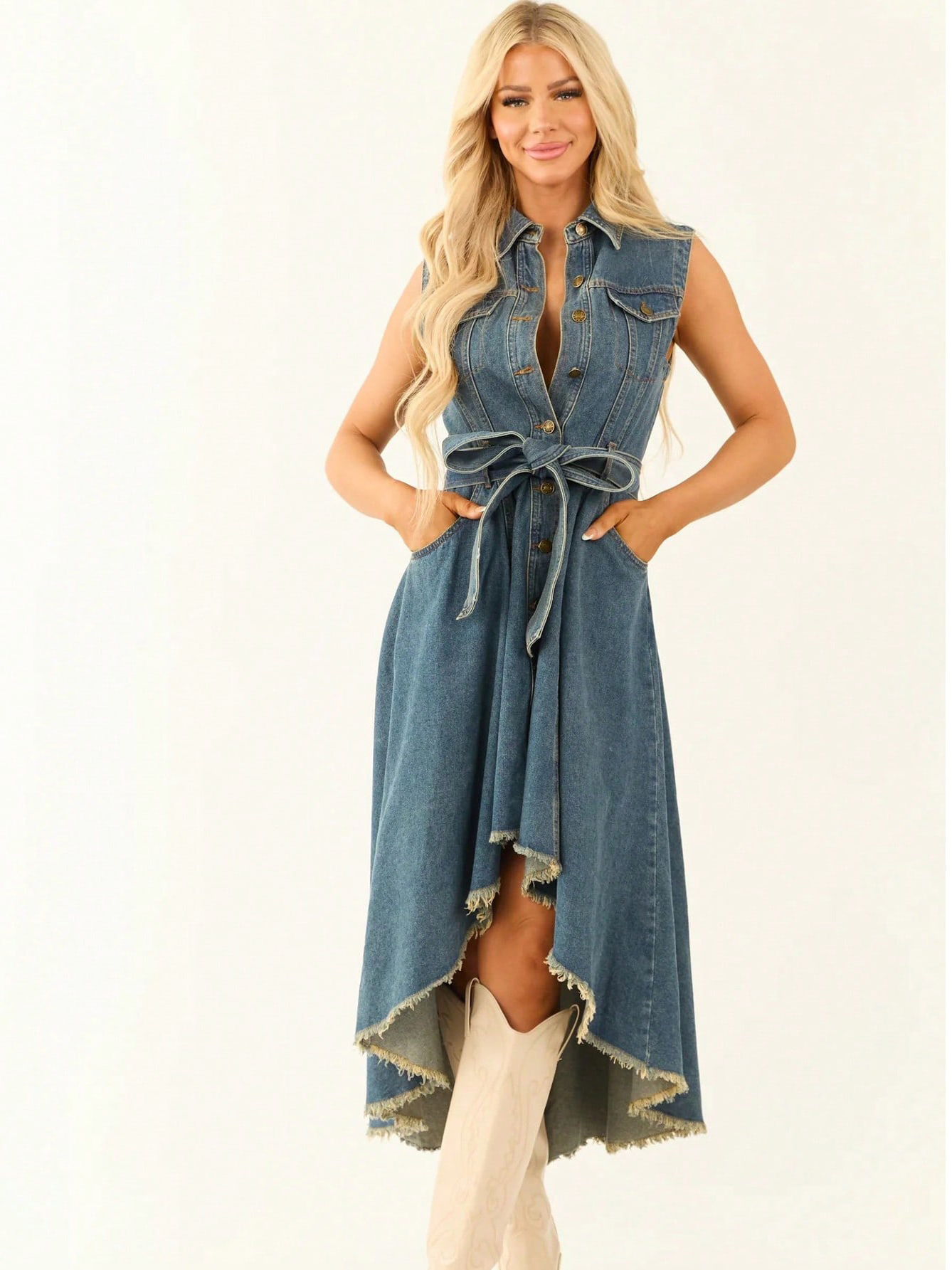 Edgy Irregular Raw Hem Sleeveless Denim Midi Dress