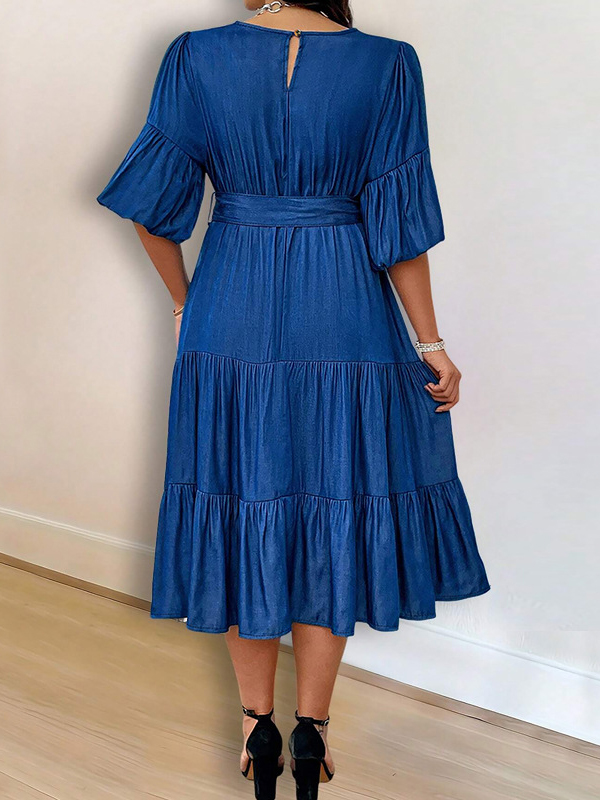 Elegant Puff Sleeve Belted Ruffle Hem Denim Midi Dress