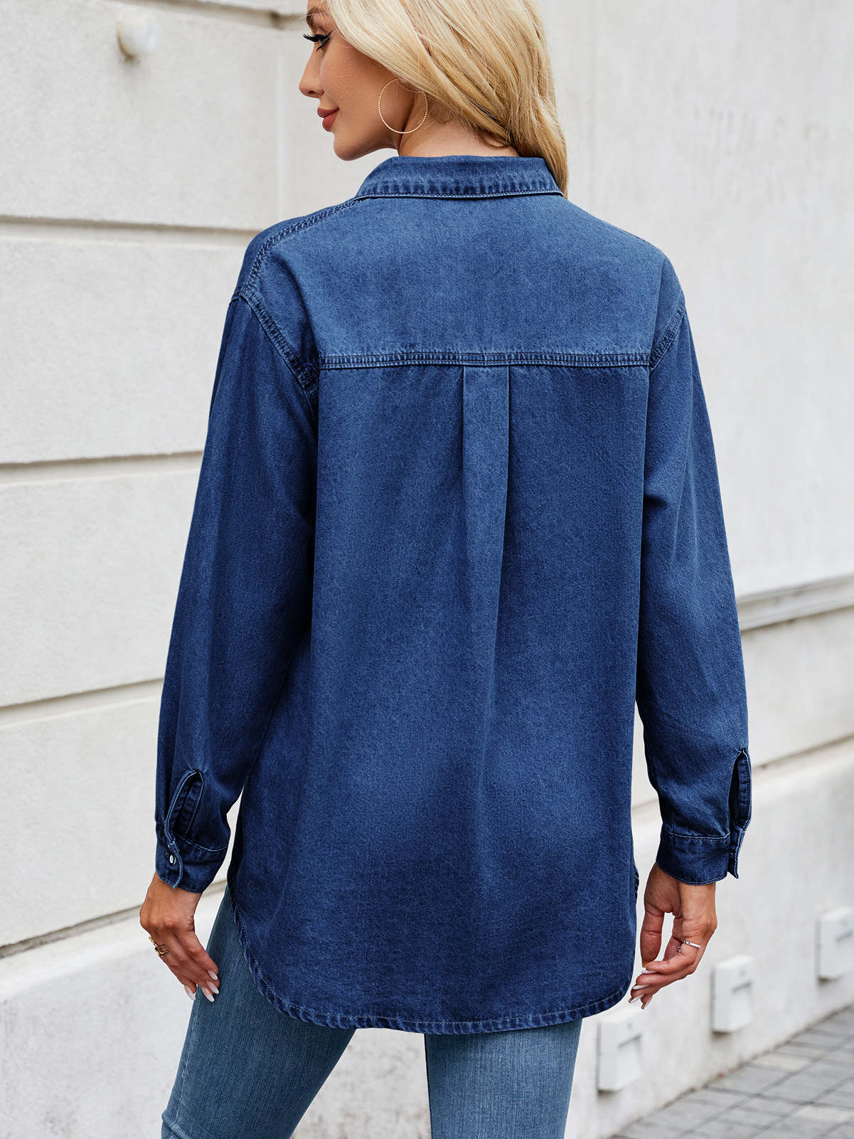 Casual Washed Adjustable Sleeve Oversized Denim Shirt