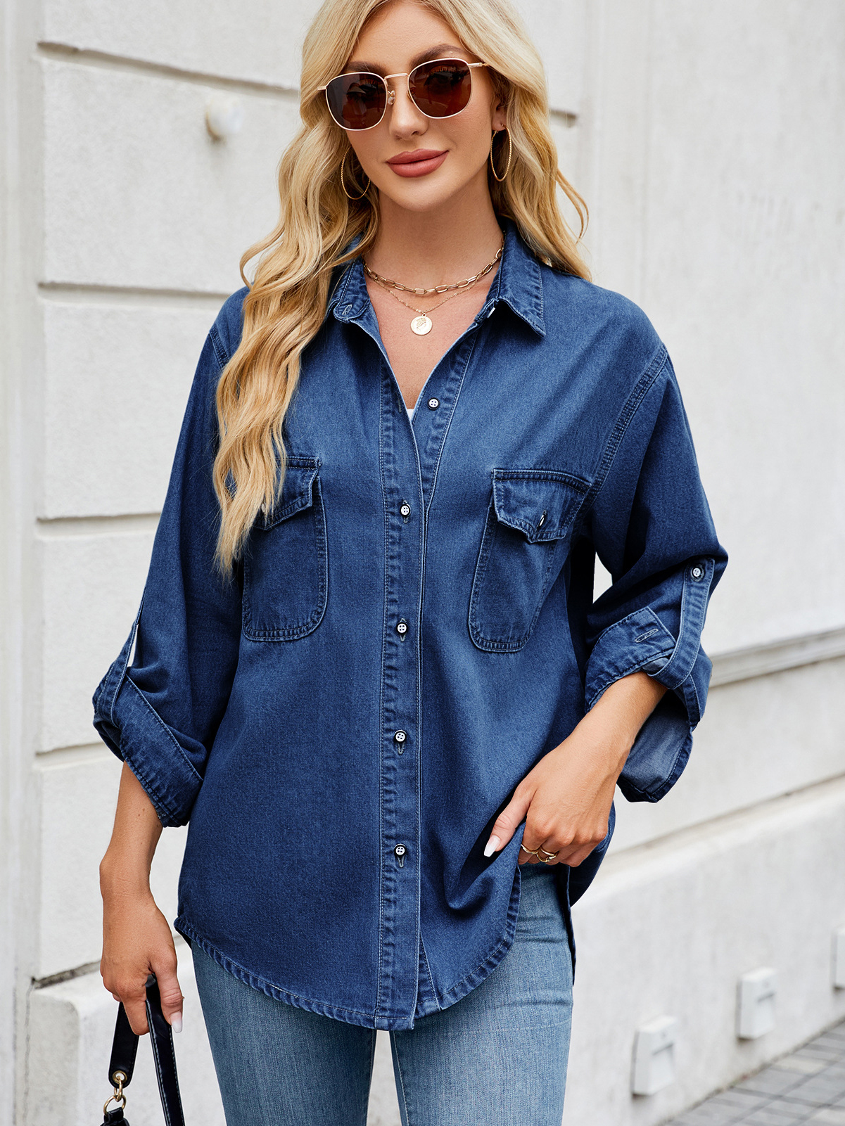 Casual Washed Adjustable Sleeve Oversized Denim Shirt