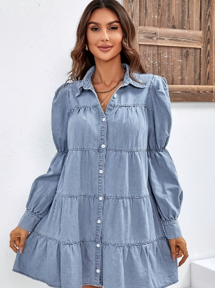 Sweet Puff Sleeve Ruffle Hem Denim Mini Dress