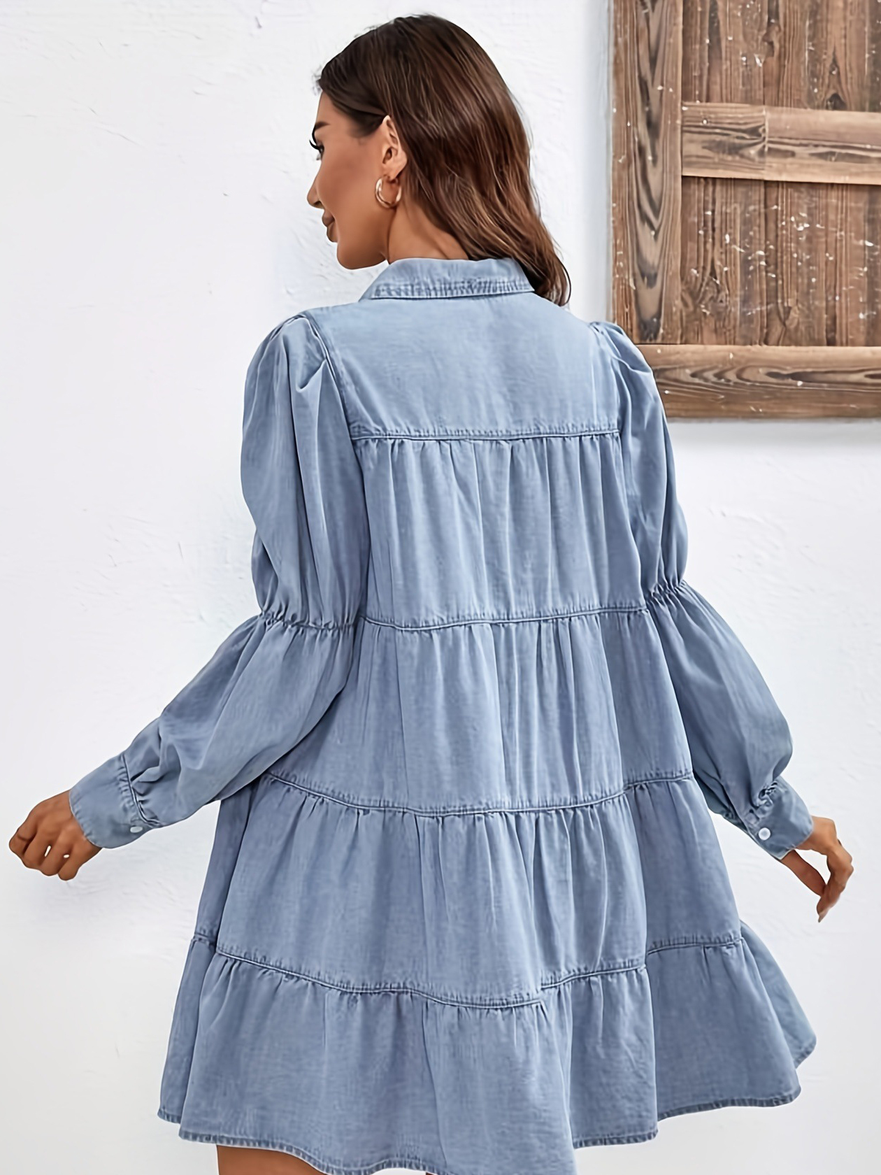 Sweet Puff Sleeve Ruffle Hem Denim Mini Dress