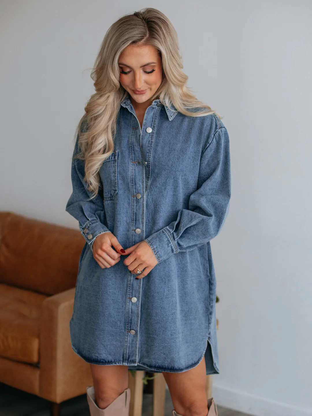 Casual Puff Sleeve Oversized Shirt Denim Dress
