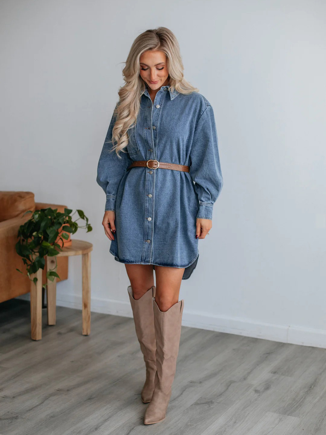 Casual Puff Sleeve Oversized Shirt Denim Dress