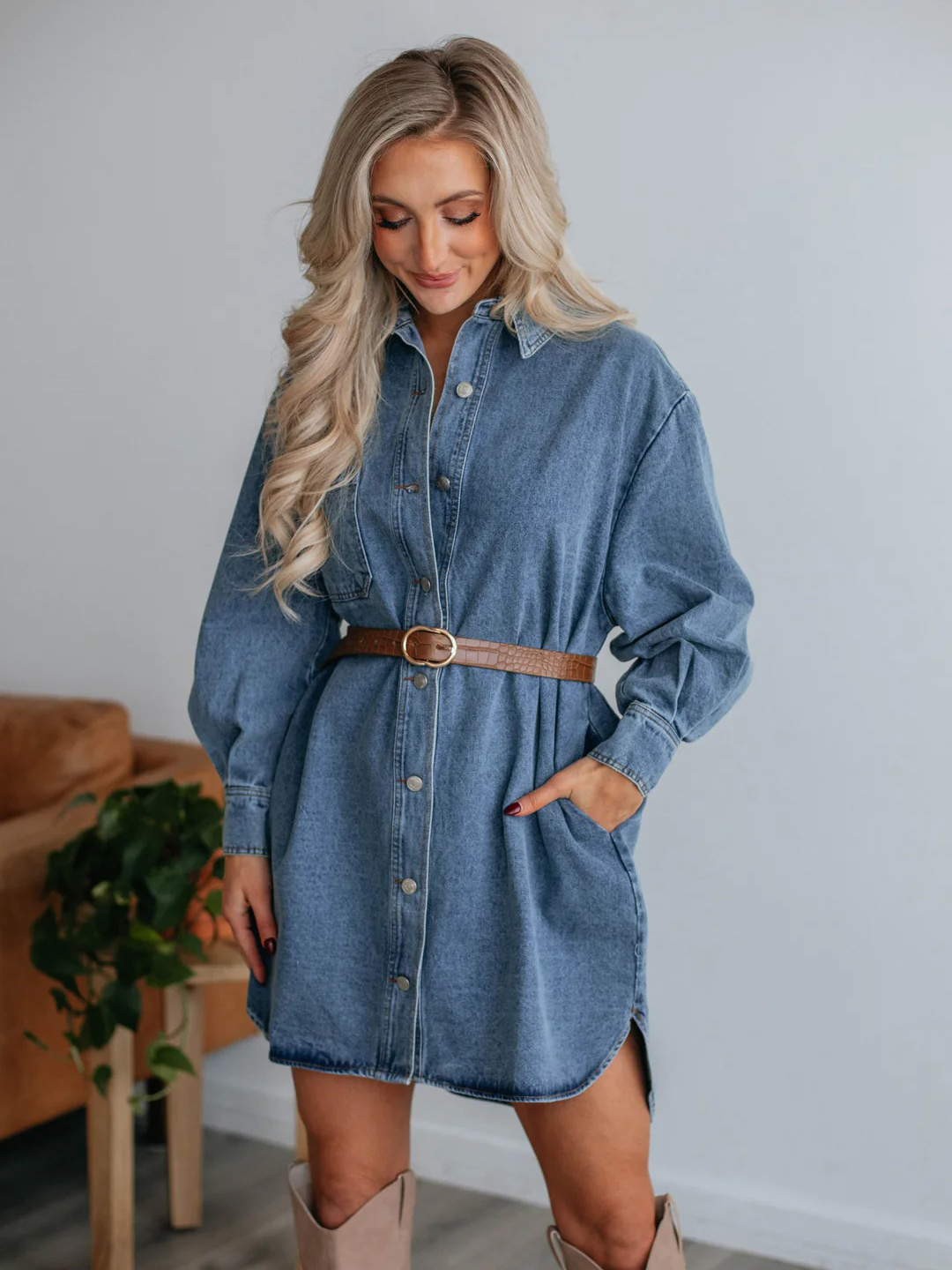 Casual Puff Sleeve Oversized Shirt Denim Dress