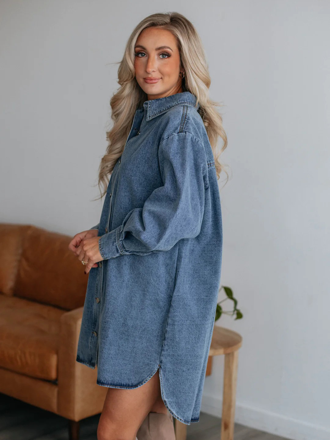 Casual Puff Sleeve Oversized Shirt Denim Dress