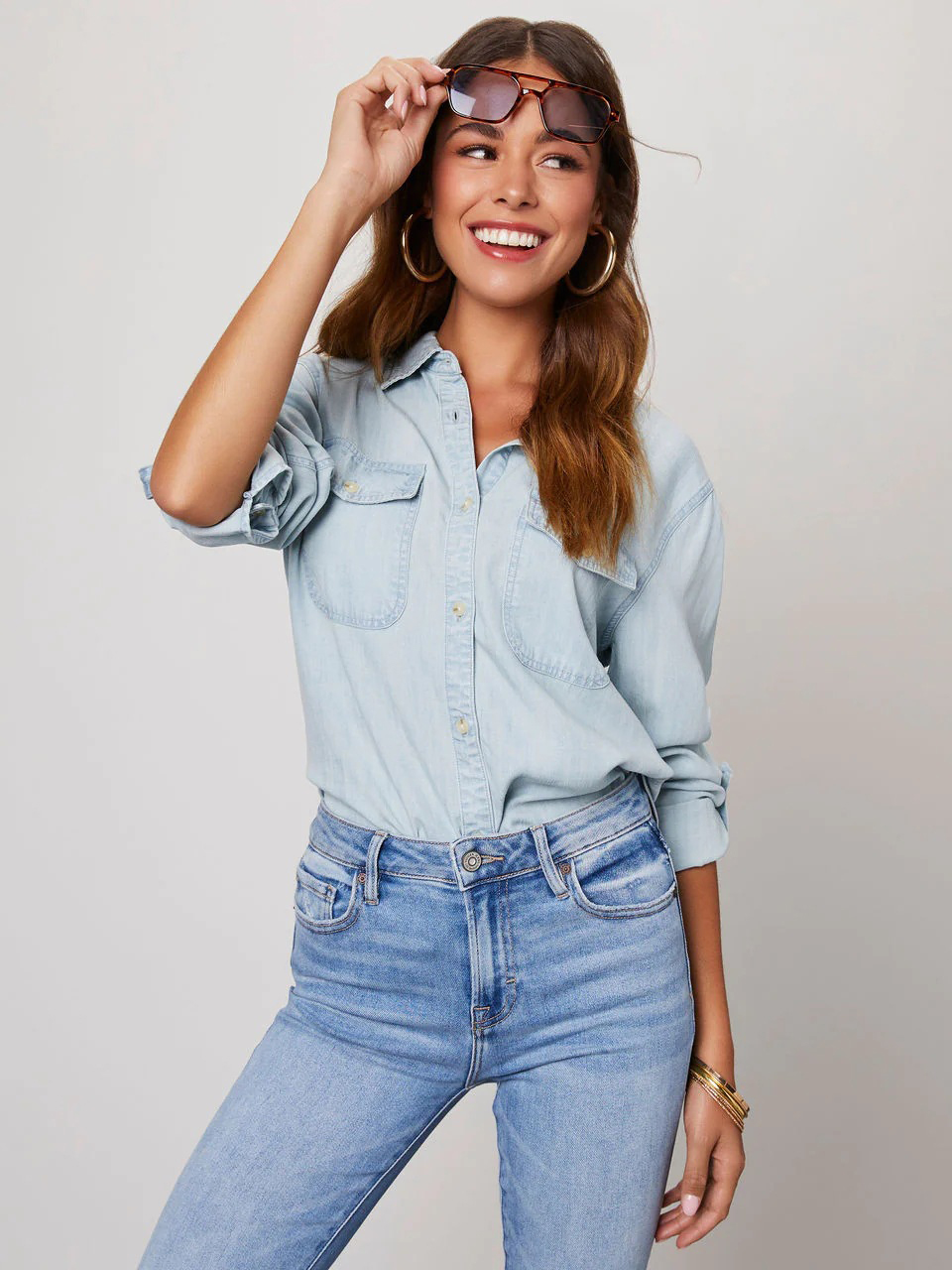Casual Button Front Light Washed Denim Shirt