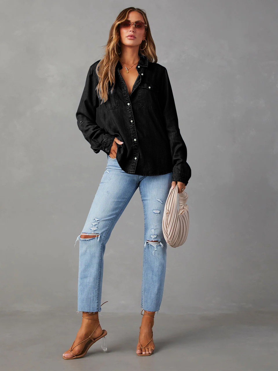 Casual Button Front Light Washed Denim Shirt