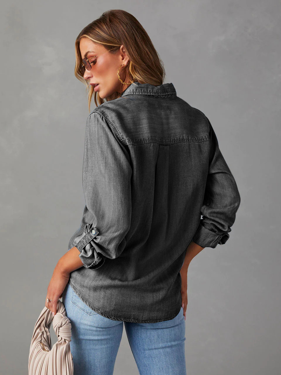 Casual Button Front Light Washed Denim Shirt