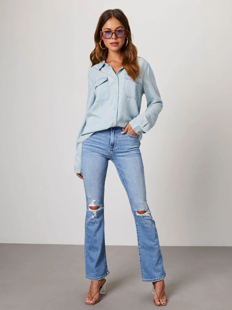 Casual Button Front Light Washed Denim Shirt