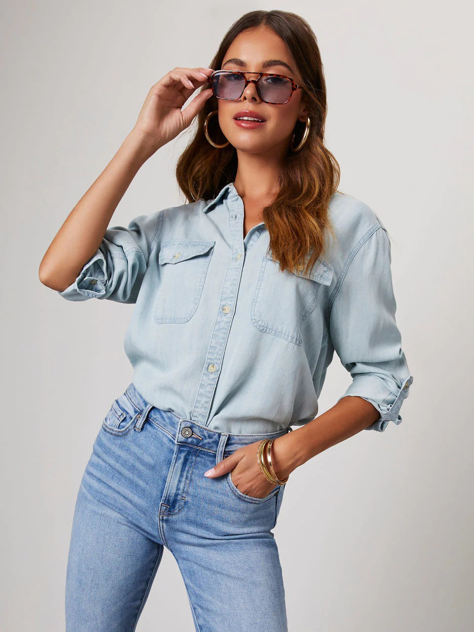 Casual Button Front Light Washed Denim Shirt