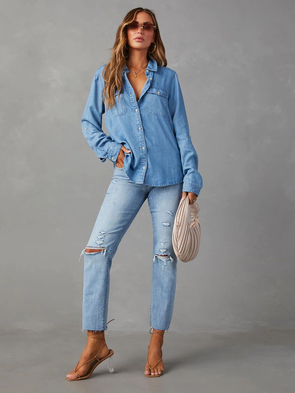 Casual Button Front Light Washed Denim Shirt