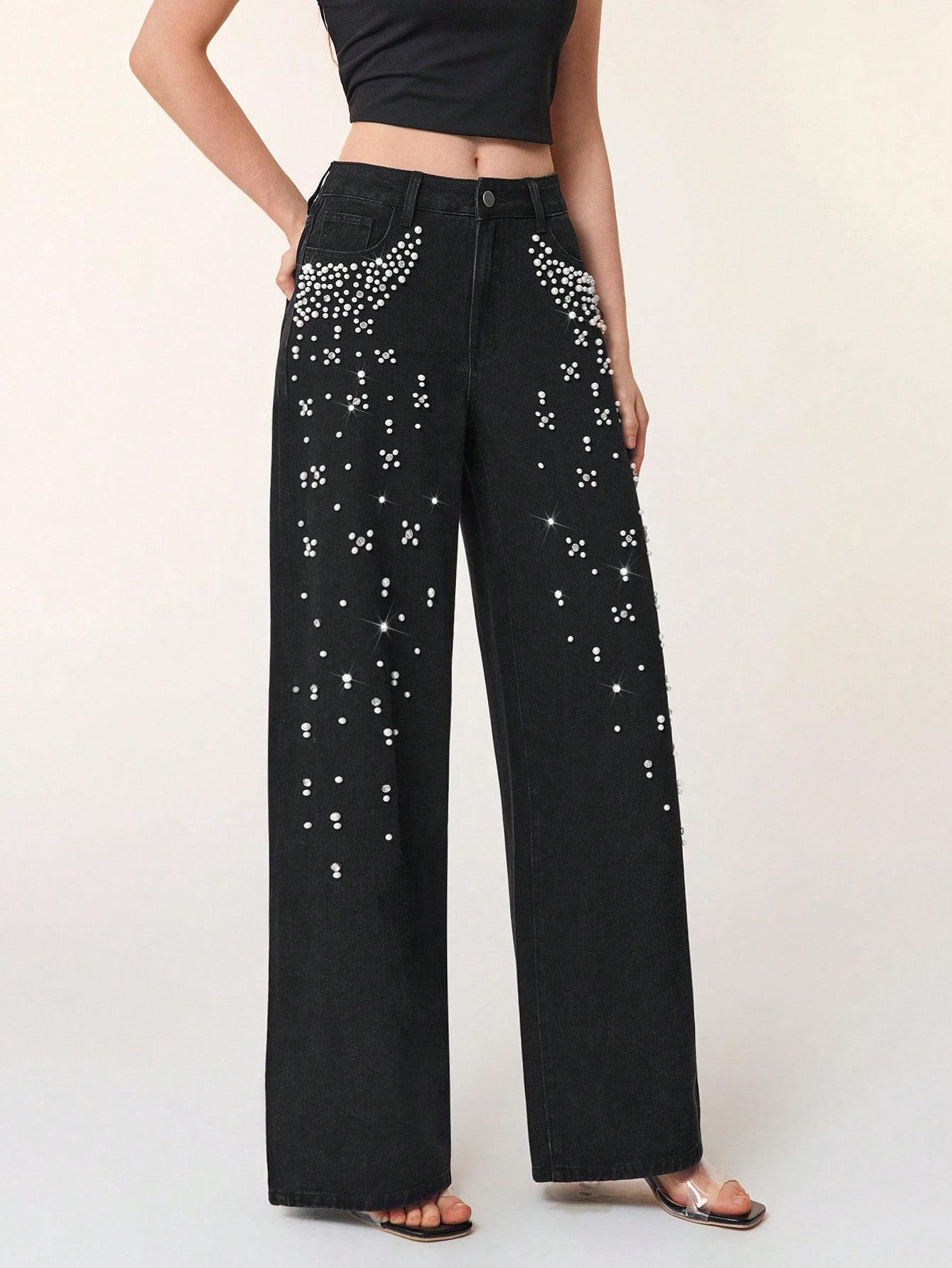 Casual Loose Fit Beaded Straight Leg Jeans
