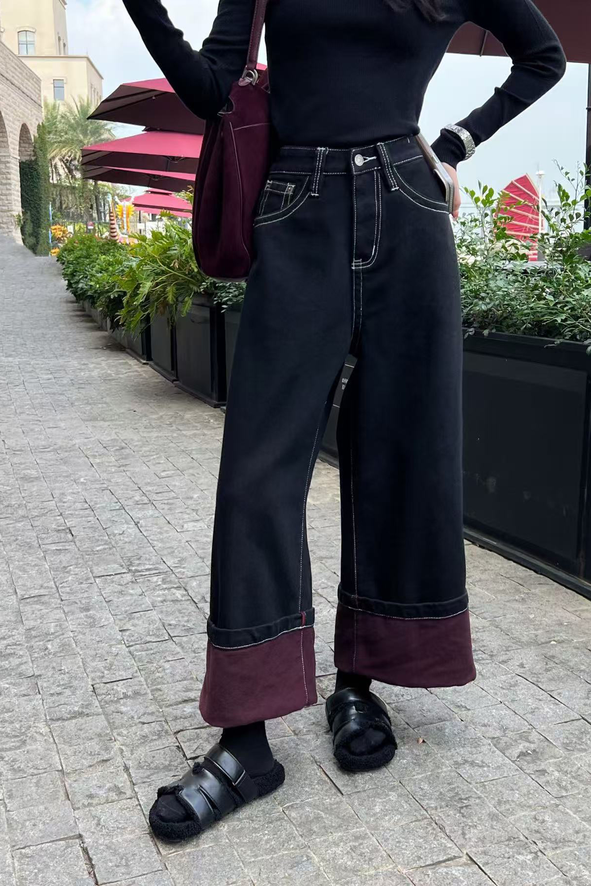 Casual Hem Color Block Fleece Lined Wide Leg Jeans