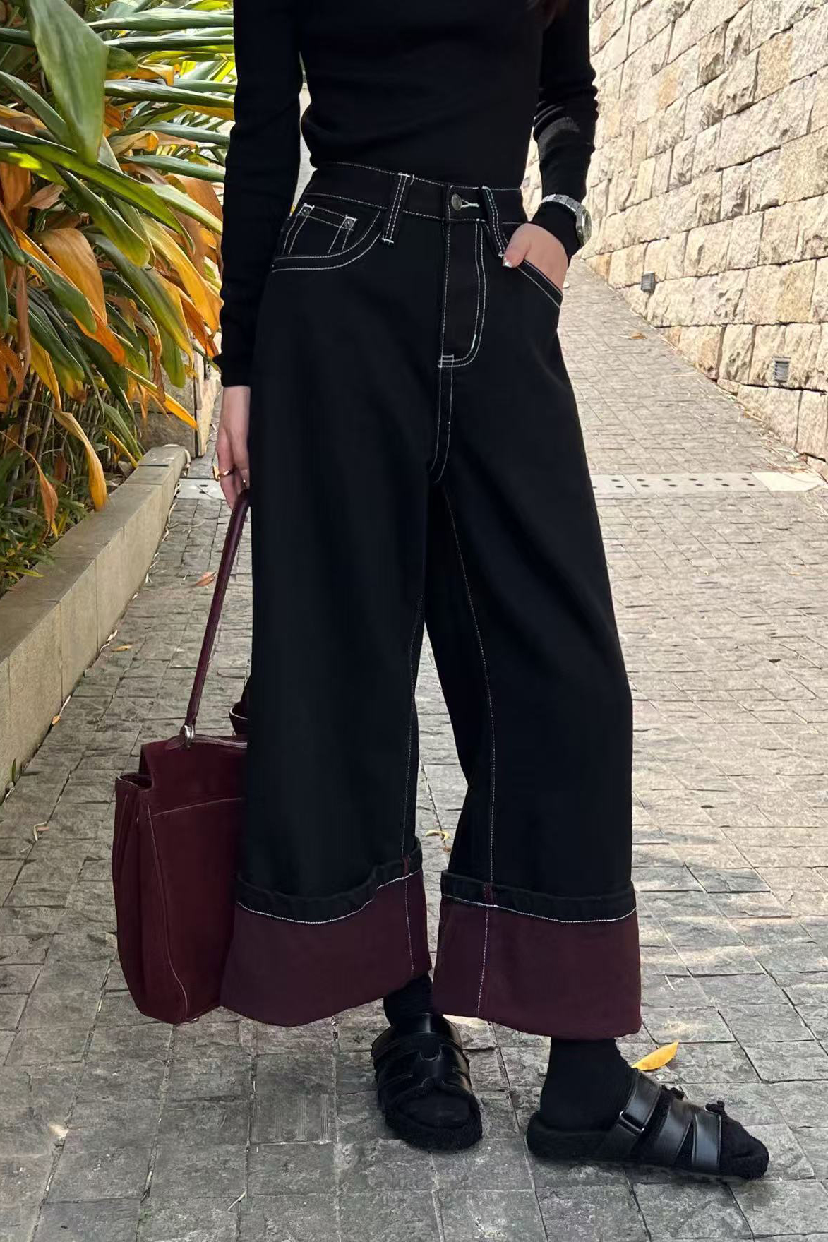 Casual Hem Color Block Fleece Lined Wide Leg Jeans