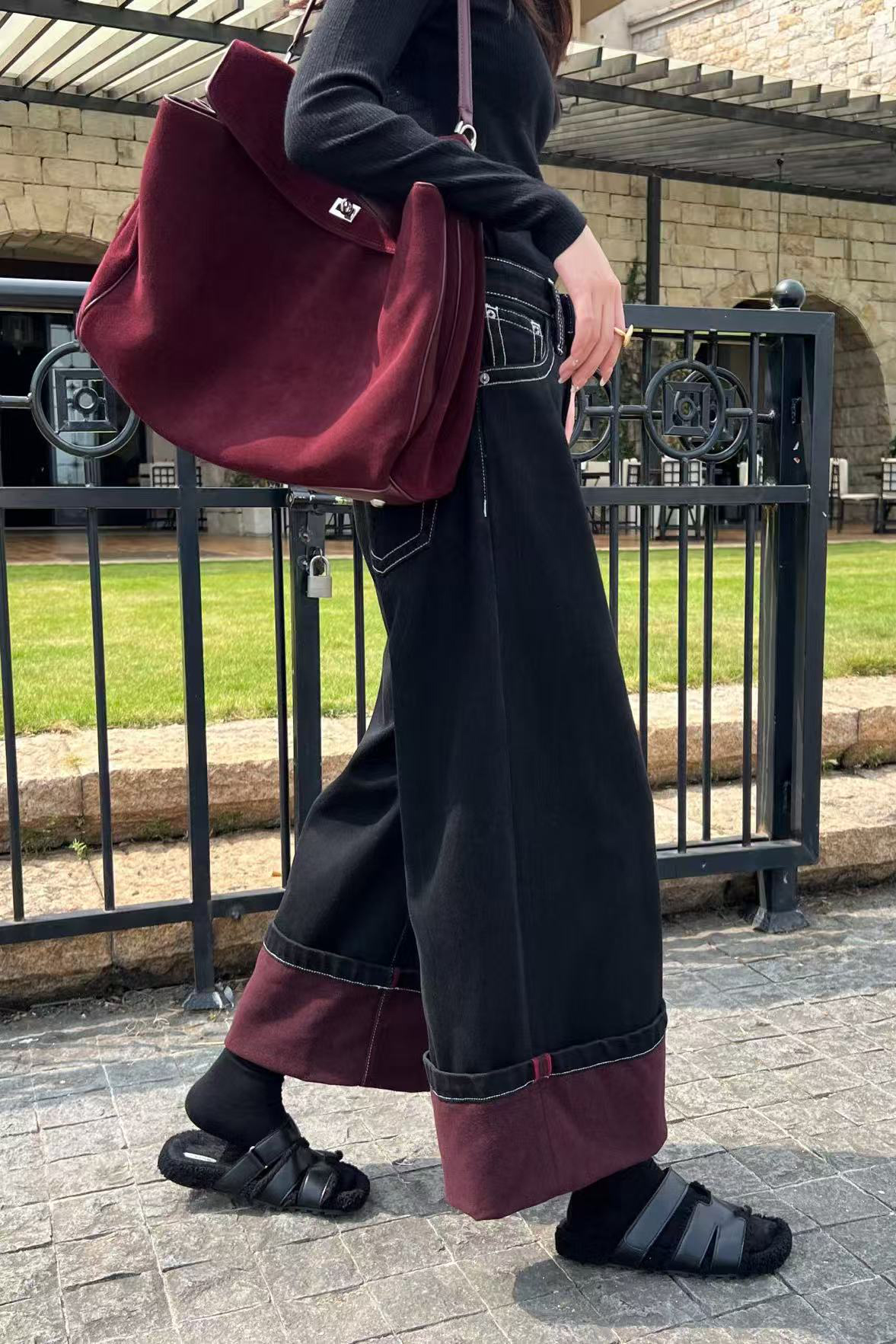Casual Hem Color Block Fleece Lined Wide Leg Jeans