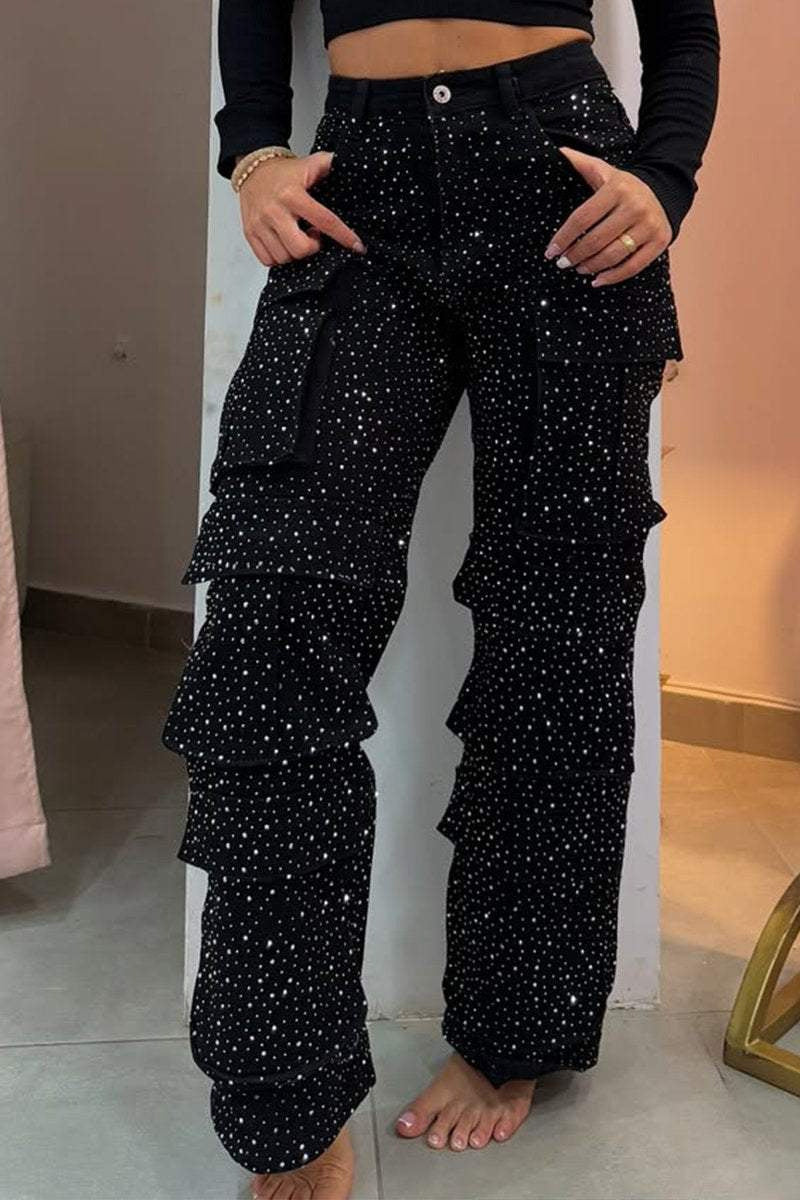 Women's Rhinestone Multi-pocket Work Jeans