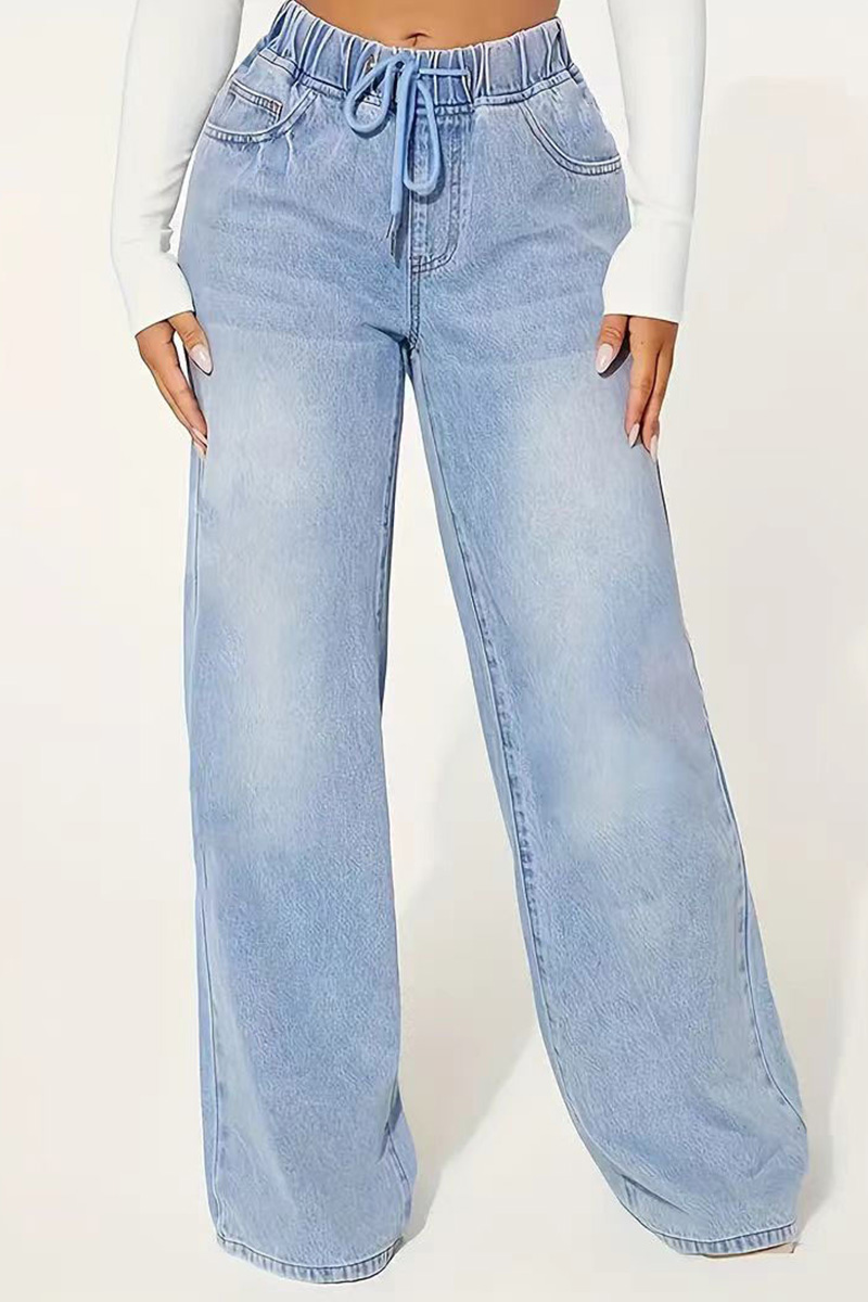 Waisted Drawstring Wide Leg Denim Jeans