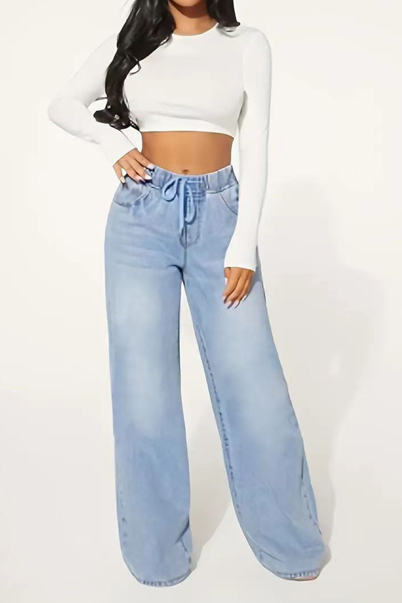 Waisted Drawstring Wide Leg Denim Jeans