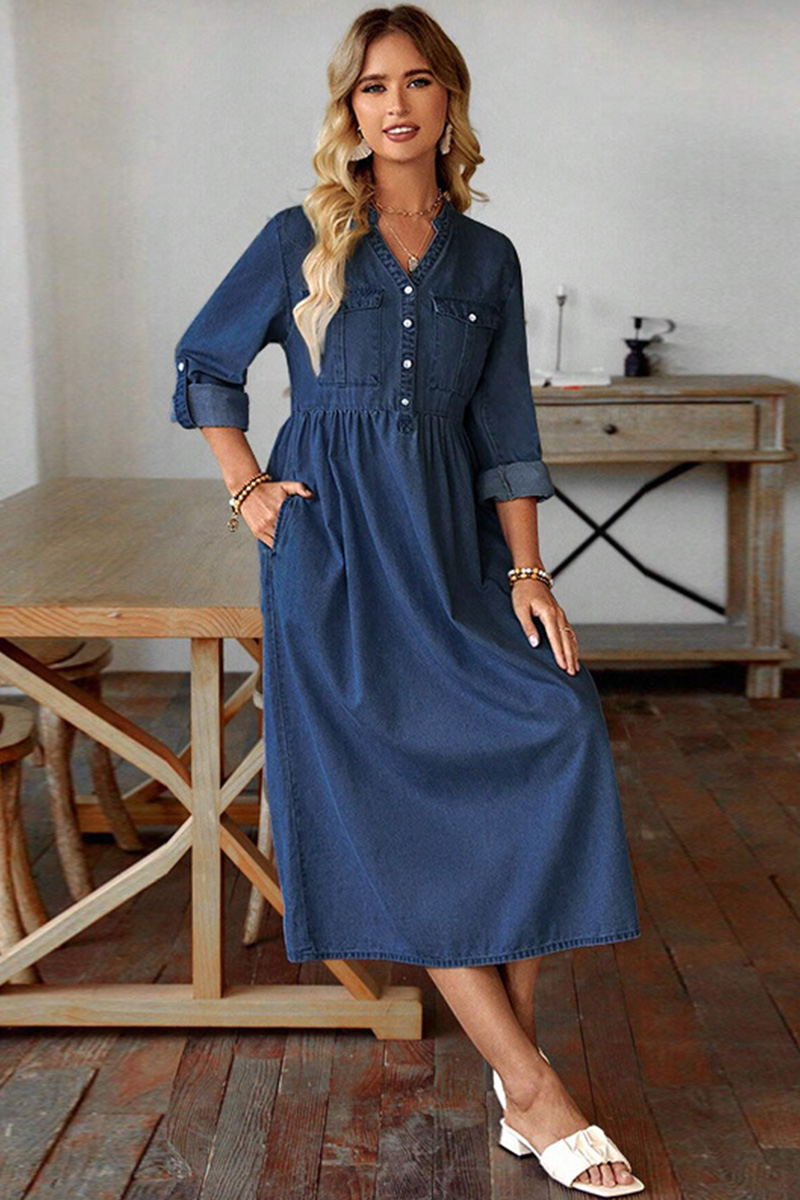 Women Long-sleeved V-neck New Denim Long Dress