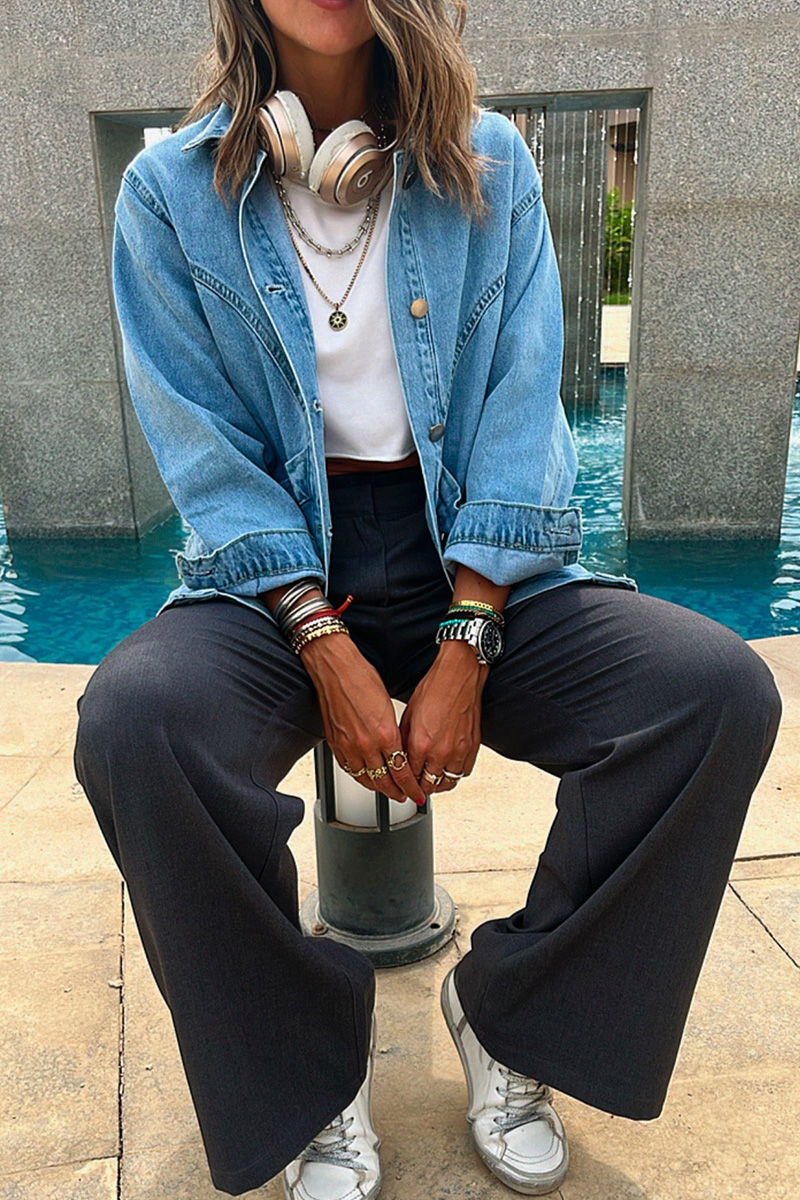 Women Washed Denim Cotton Loose Retro Water Blue Lapel Double Pocket Jacket