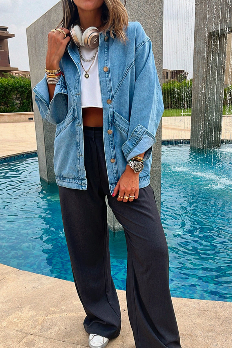 Women Washed Denim Cotton Loose Retro Water Blue Lapel Double Pocket Jacket