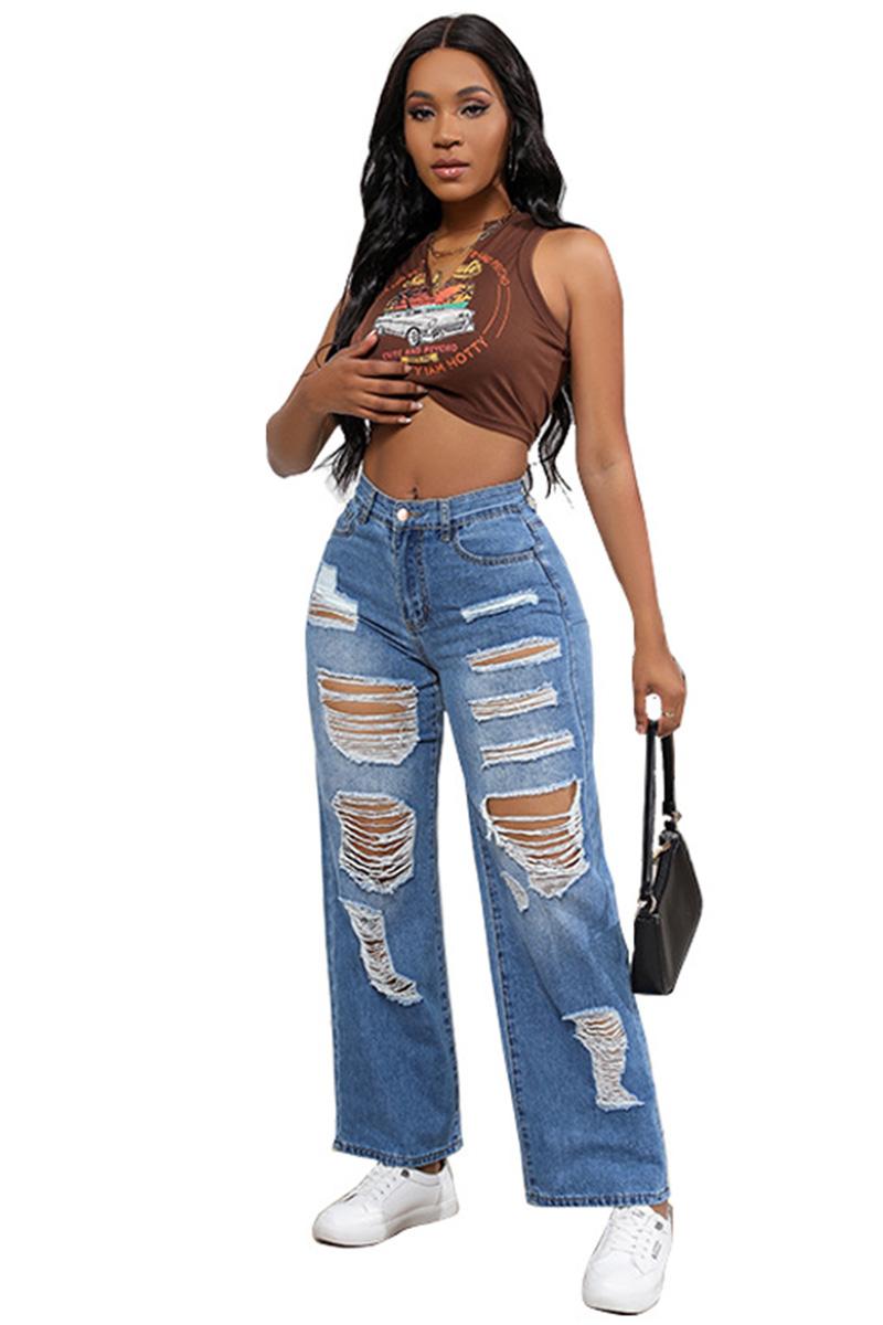 Stylish High Waisted High Stretch Loose Straight Leg Ripped Jeans