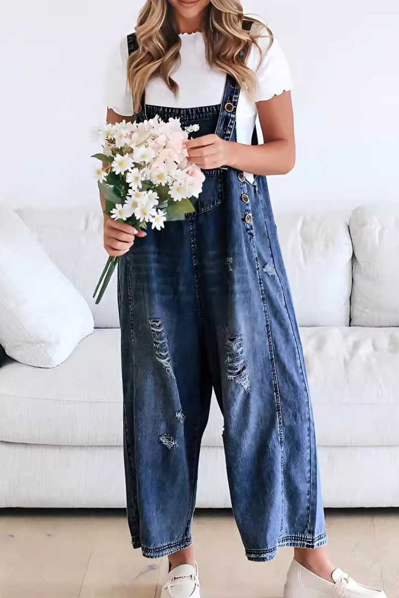 Women's Vintage Distressed Ripped Denim Overalls