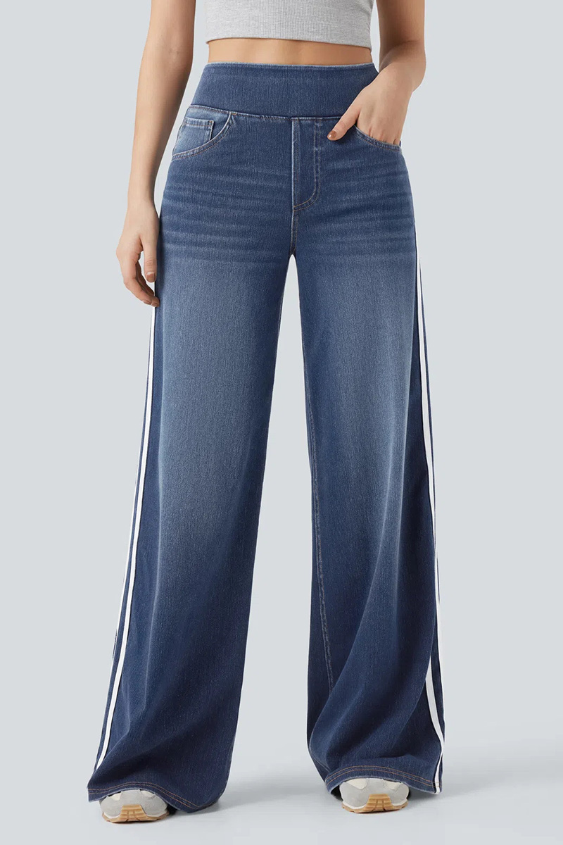 Vintage Washed Blue Side Stripe Elastic Waist Jeans