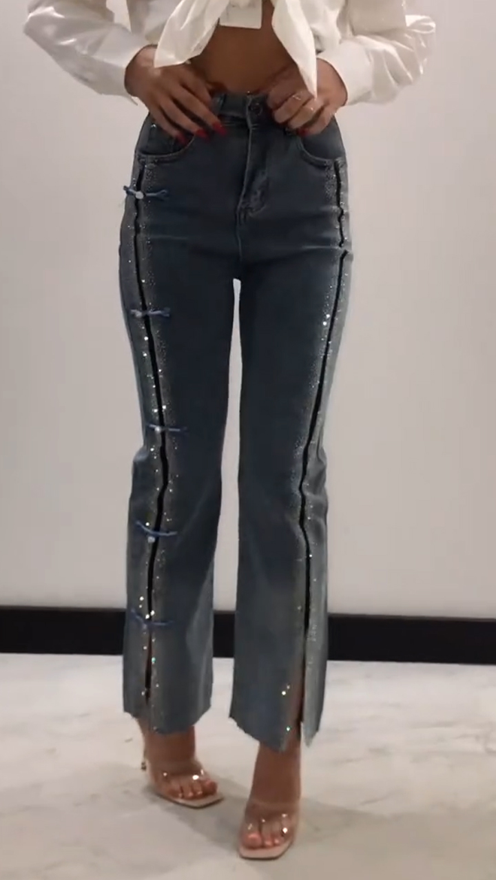 Women's Jeans with Rhinestone Slits and Buttons