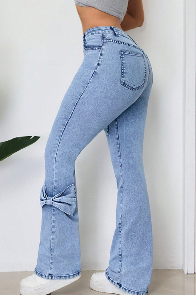 Ladies Washable Bow-Decorated Flared Stretch Jeans
