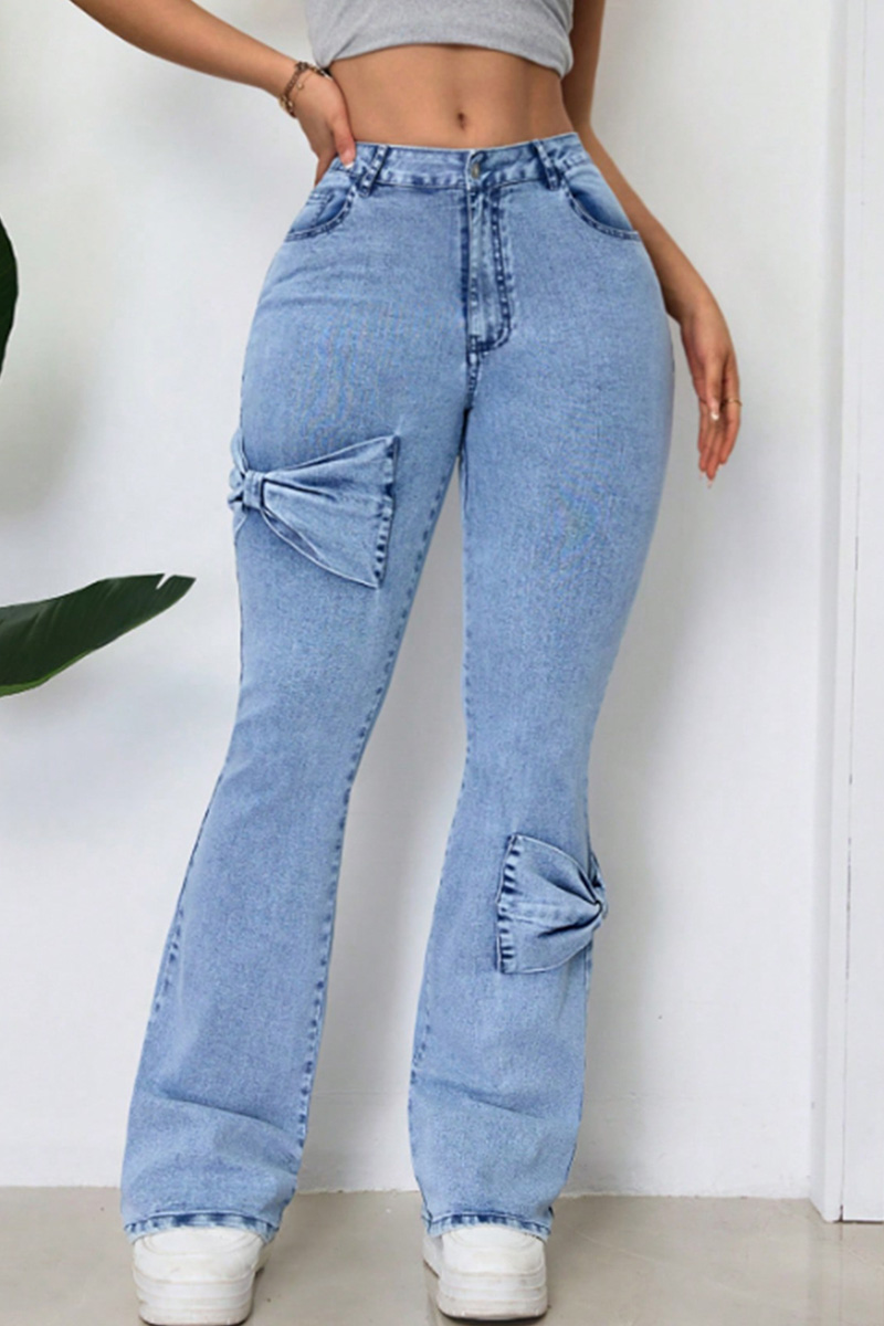 Ladies Washable Bow-Decorated Flared Stretch Jeans
