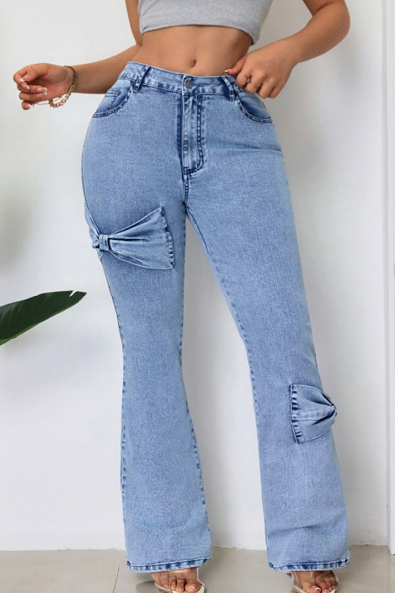 Ladies Washable Bow-Decorated Flared Stretch Jeans
