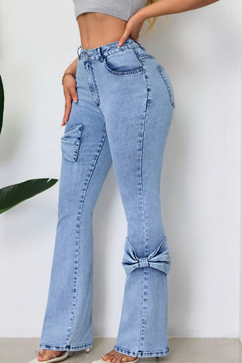 Ladies Washable Bow-Decorated Flared Stretch Jeans