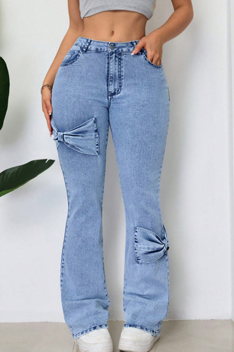 Ladies Washable Bow-Decorated Flared Stretch Jeans