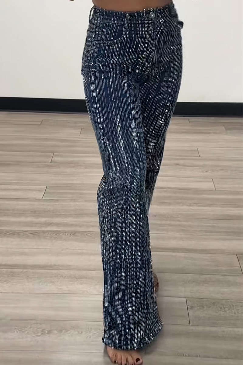 Women's Irregular Striped Crystal Stretch Jeans