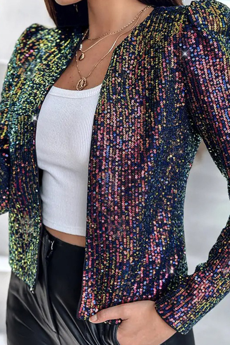 Chic Leopard Print Sequin Covered Long-Sleeve Jacket